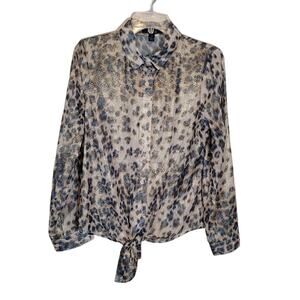 A.Z.I Women's Shimmery Leopard Print Waist Tie Satin Blouse Multicolor Sz Small